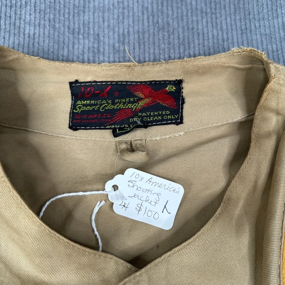 Vintage 10-X Shooting Jacket Tan Cotton Twill Leather Recoil Pad Mens 44 L